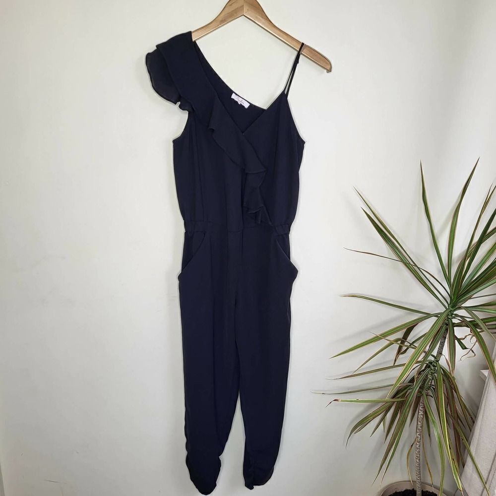 Parker Ruffled Jumpsuit Size 2 Black Ruffle Faux Wrap - Picture 4 of 12